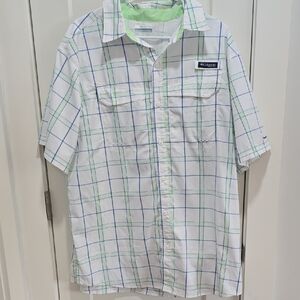 Columbia PFG White Plaid Short-Sleeve Button-Down Shirt with Blue & Green Lines